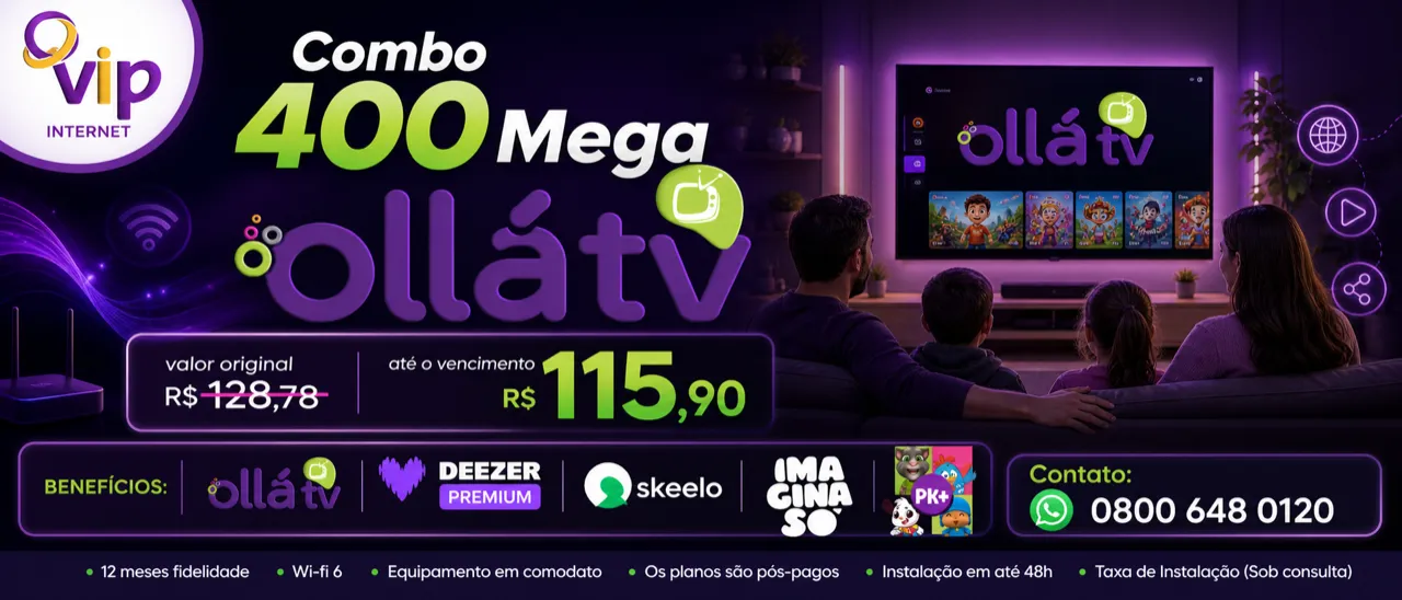 Arte promocional VIP: 400 Mega com Ollá TV por R$ 115,90/mês até o vencimento.